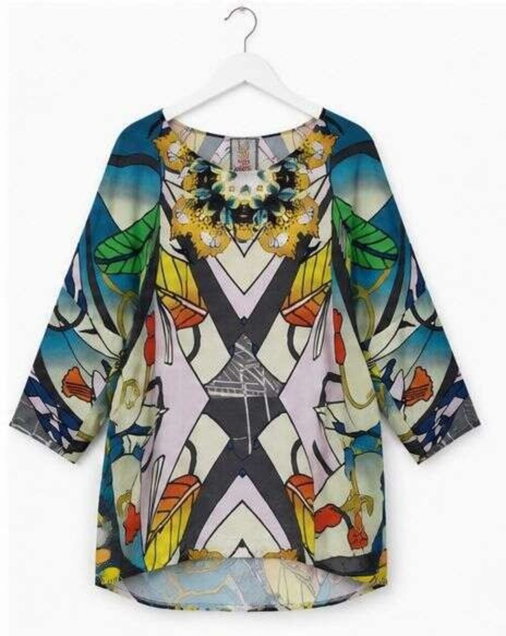 Johnny Was Large Silk Intarsia Kaleidoscope 3/4 Sleeve Tunic Top NWOT